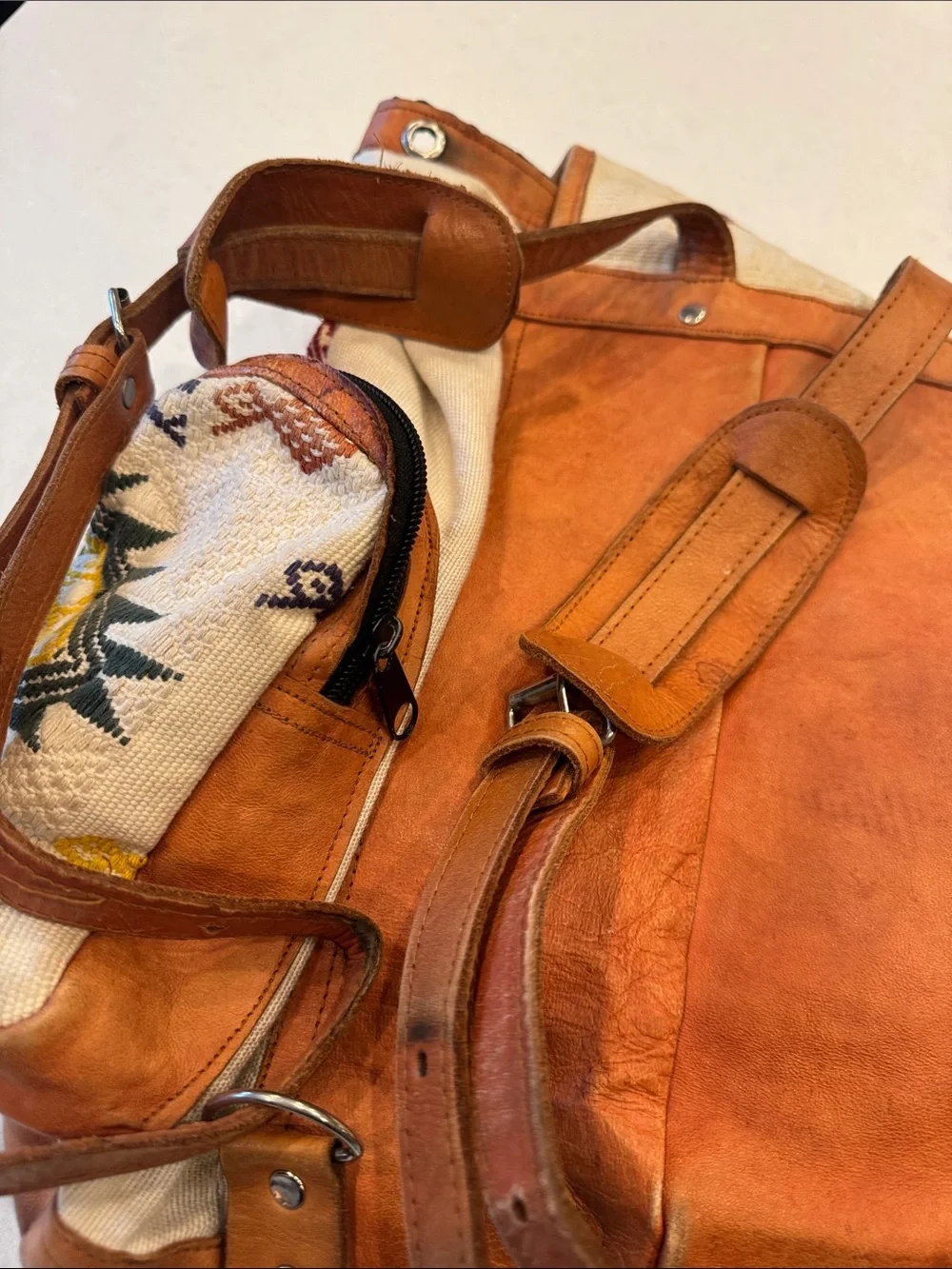 Woven Tribal Canvas Backpack with Brown Leather Trim - Multicolor worn but cool